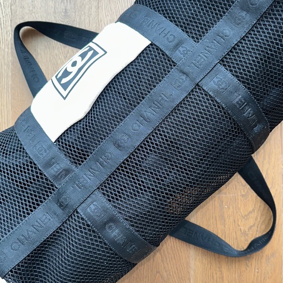 Chanel Sports CC Logo Duffle Nylon Mesh Black Grey Gray Gym Tennis Travel Bag - Picture 6 of 17